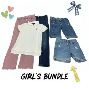 Girls Sz 10 bundle 2 Jean shorts , 2 denim Jeans , 1 polo shirt ( 5 items)